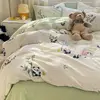 Cartoon Cat Panda Bedding Set INS Korean Flower Duvet Cover Pillowcase Sheet Cute Bedclothes for Kids Boys Girls Bed Linen 2