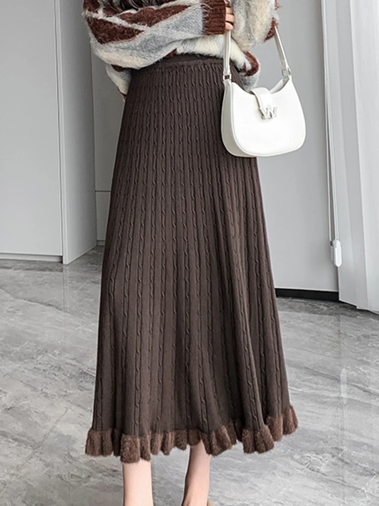 Gebreide Lange Rok Vrouwen Winter Warm Midi Rok Vrouwelijke Elegante Casual Plooirok Dame Koreaanse Mode Hoge Taille Een Lijn Rok  200000345