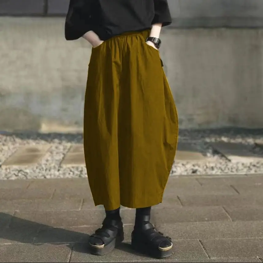 Spring New Nine Split Wide Leg Pants Retro Large Size Casual Pants Women's Literature Solid Elastic Waist Skirt Pants