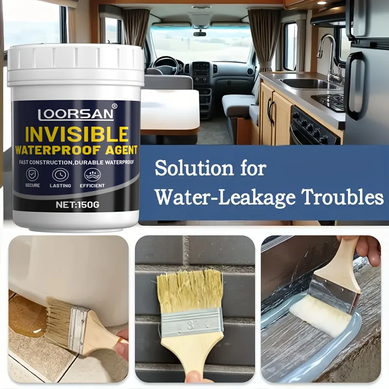 Hand brengt heldere lijm aan langs een naad van een camper