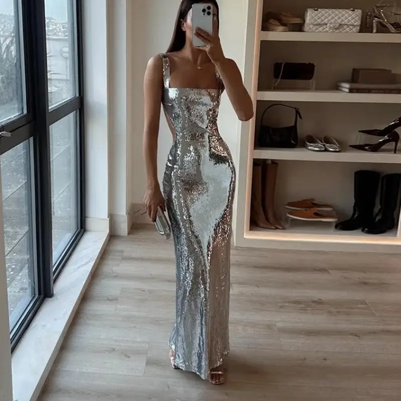 

Silver Tight Fitting Long Dress Sexy Sling Backless Silvery Maxi Dresses for Women 2024 High Waist Bodycon Sleeveless Robes