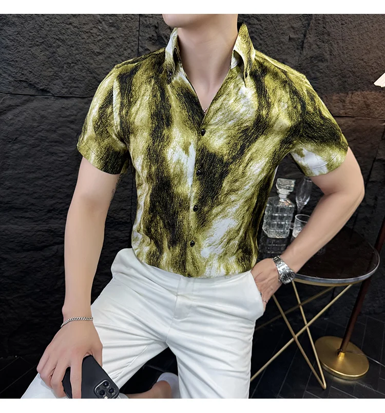Description Picture 5 of itemSummer Mens Casual Shirts Hot Sale Stylish Print Short Sleeve Men's Social Shirt Dress Slim Fit Turn Down Collar Tuxedo Big Size