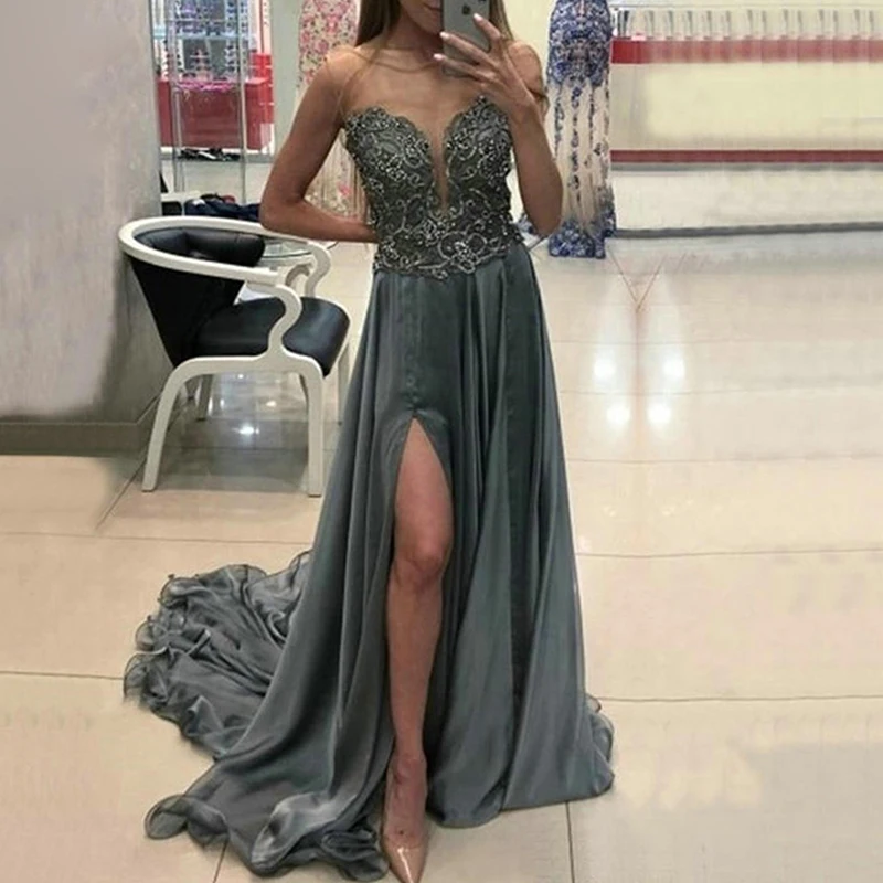 

2024 Elegant Homecoming Dress Deep V-Neck High Slit Evening Party Dress Beading Lace Applique Tulle Robe De Soirée