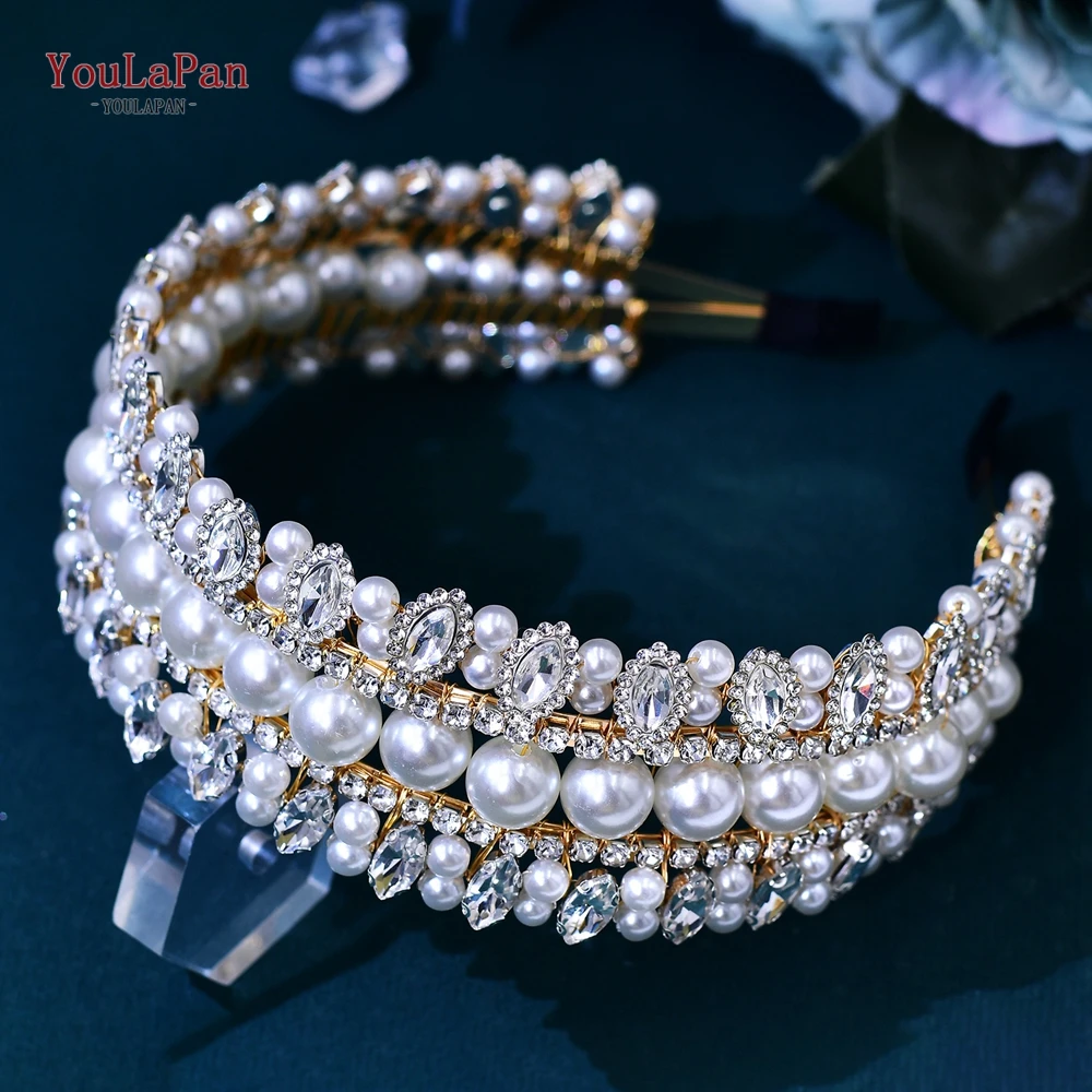 YouLaPan Bridal Headband with Pearls Rhinestone Woman Wedding Beaded Hair Accessories Luxury Gemstone Bridesmaid Headwear HP631