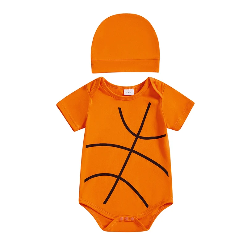 FOCUSNORM 0–12 Monate Neugeborenes Baby, Jungen, Sommer-Strampler-Outfits, Basketball-Aufdruck, kurze Ärmel, Rundhals-Overalls mit Hut, 2-teiliges Set – Detail 3