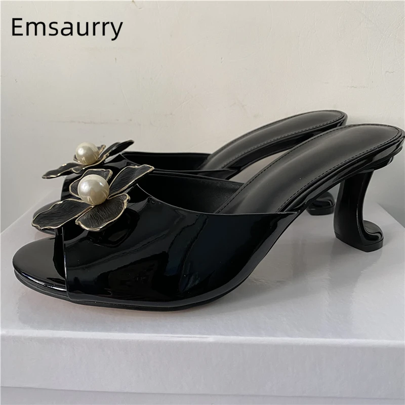 

2024 Beads Pearl Flower Decor Sandals Women Unique Strange Heel Patent Leather Slingbacks Summer Shoes