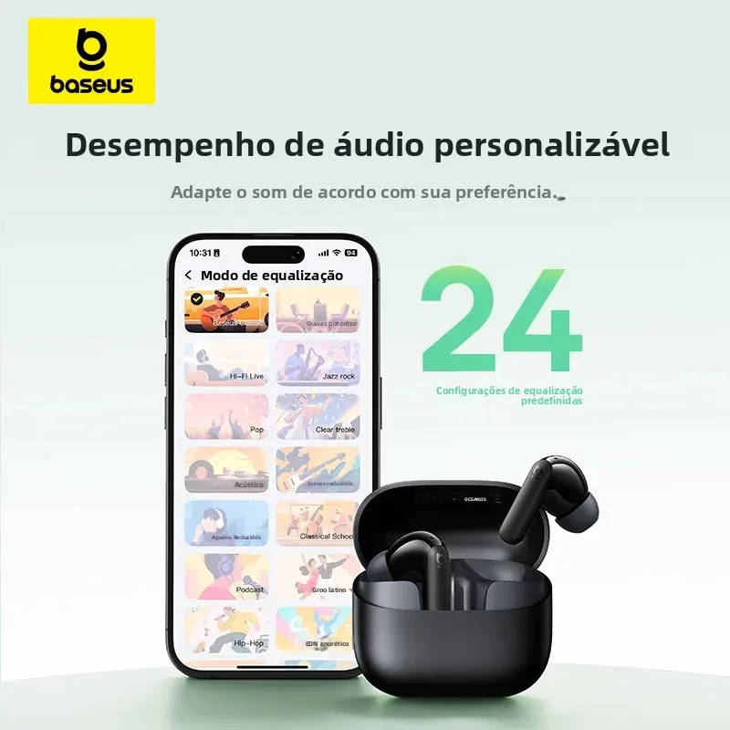 Baseus Bass EP10 NC -43dB com cancelamento de ruído ANC True Wireless Fones de ouvido Bluetooth 6.0 Fones de ouvido intra-auriculares sem fio 4 microfones ENC
