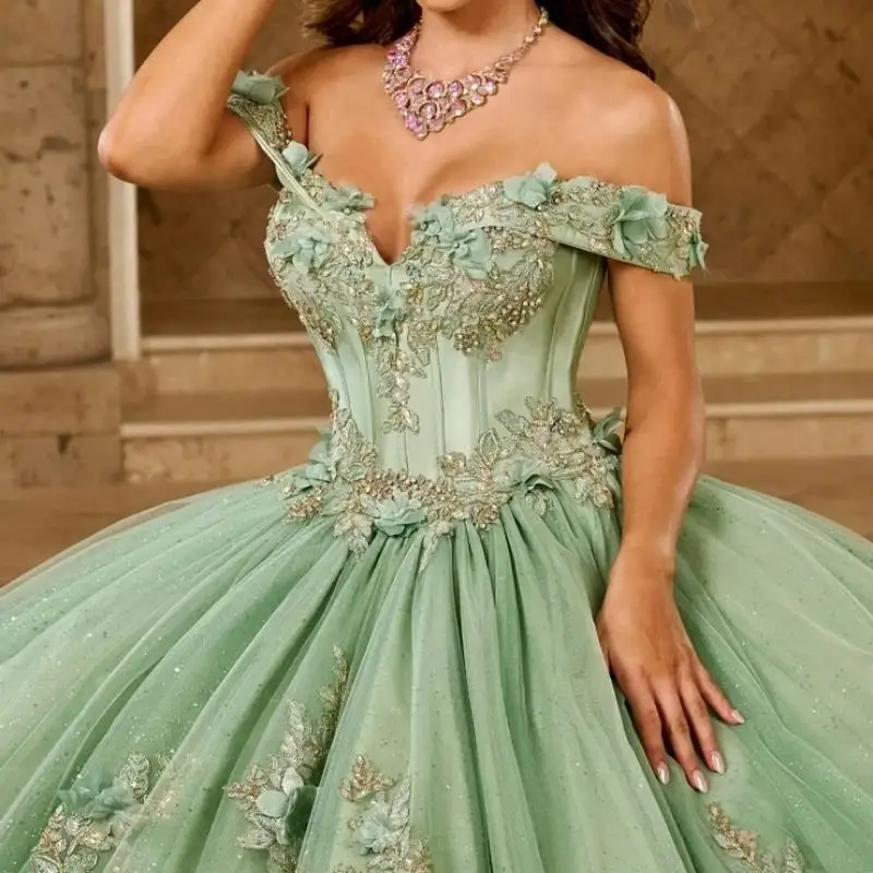 Sage Green Gorgeous Ball Gown Quinceanera Dresses Appliques Flower Beading Bow Vestidos 15 De XV A&ntilde;os Sweet 16