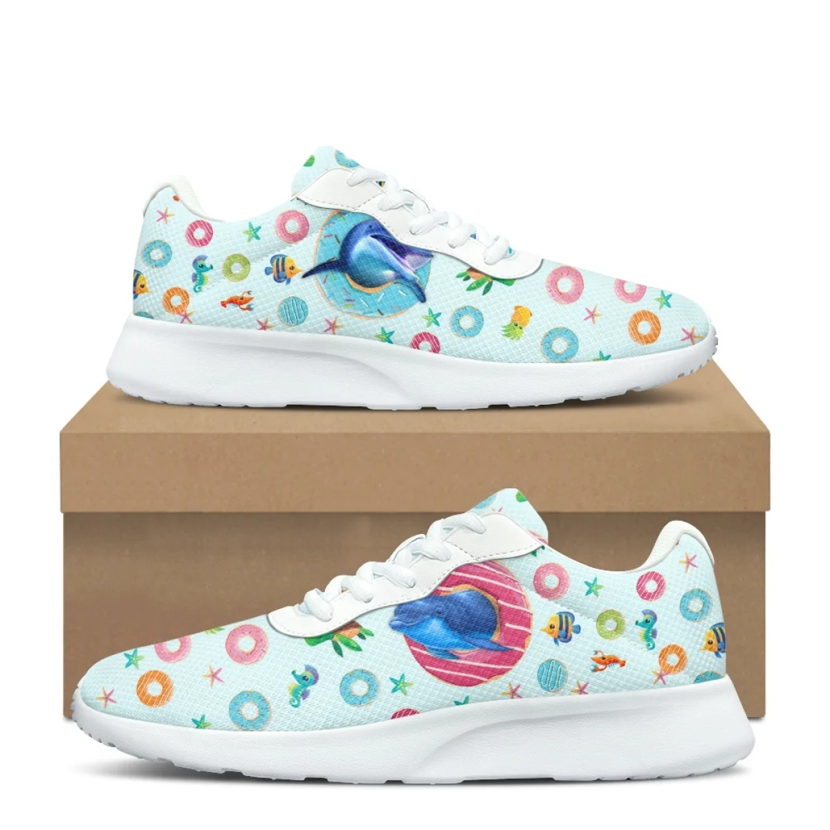 Dolphin Turtle Donut Pattern Women Sneakers Flats Breathable Comfortable Ladies Sport Outdoor Running Shoes Athletic Gym Shoes