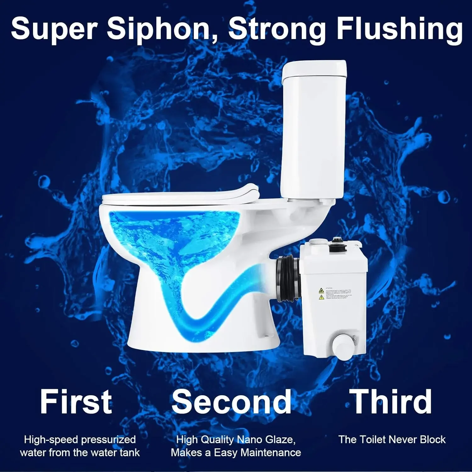 PumpThree Piece Round Bowl Toilet with Macerating Pump Macerating Upflush Toilet Kit Macerating Toilet 5