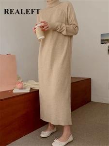 REALEFT Autumn Winter Oversize Turtleneck Knitted Women Dresses 2023 New Straight Long Sleeve Casual Loose Sweater Dress Female