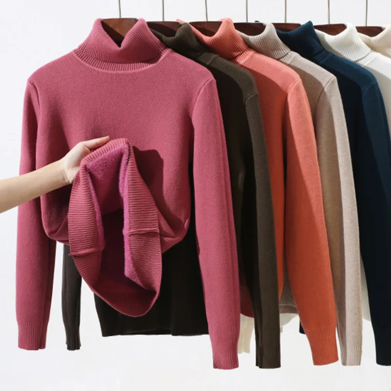 

Autumn and Winter Women's Pullover High Neck Solid Screw Thread Plush Thickened Long Sleeve Sweater Knitted Underlay Tops