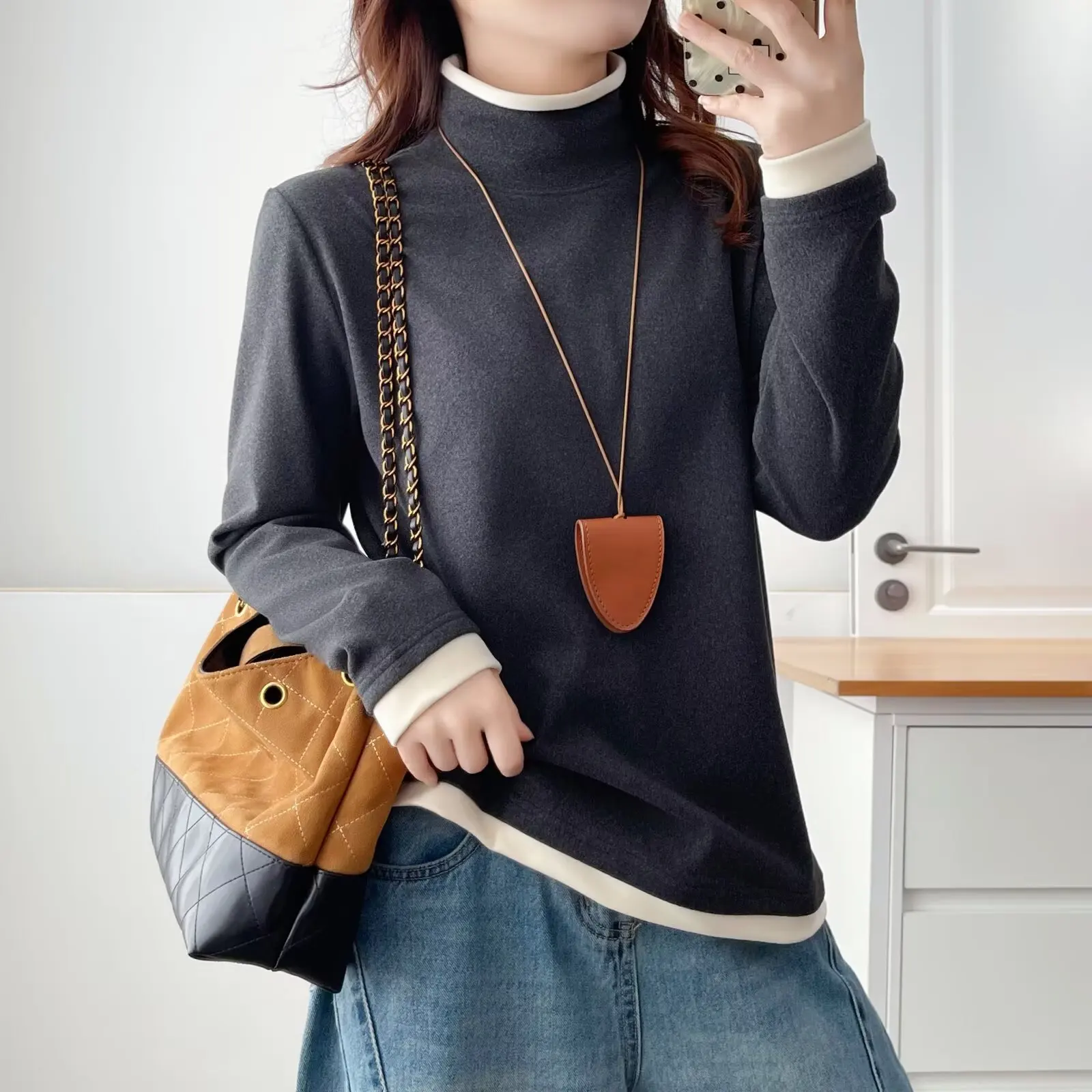 XXXXL Fashion Plus Size Woman Clothing T-Shirt Autumn Winter Simple Color Blocked High Neck DE Velvet Warm Long Sleeve Tops 2587