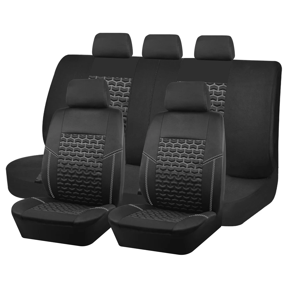 Komplettes Set Autositzbezüge, Reifentexturpresse, atmungsaktive Stoff-Sitzbezüge für das Auto, 3-Reißverschluss für die Rückenlehne des Rücksitzes