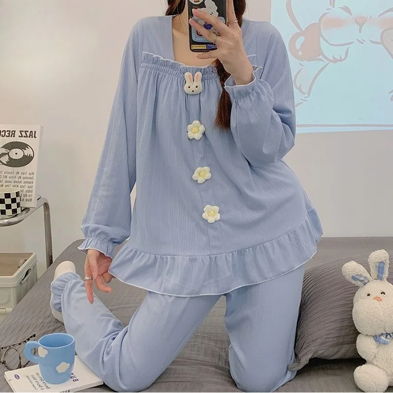 Cotton Pajamas with Chest Pad Spring Autumn Long Sleeve Pyjamas Plus Size Loose Nightdress Square Collar Lace Home Dress Set