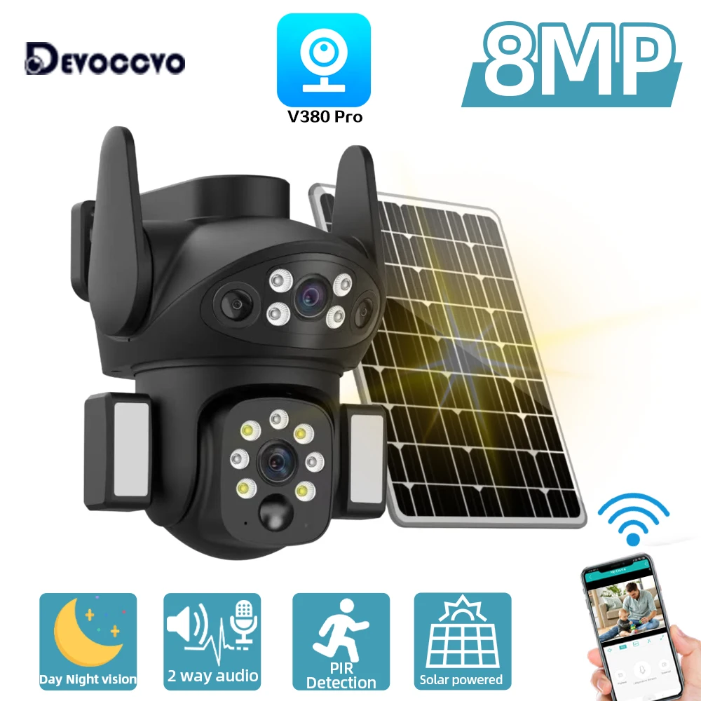 8MP 무선 태양광 PTZ 카메라 듀얼 렌즈 듀얼 스크린 야외 4G IP 카메라 태양광 패널 오디오 PIR CCTV 보안 감시 카메라