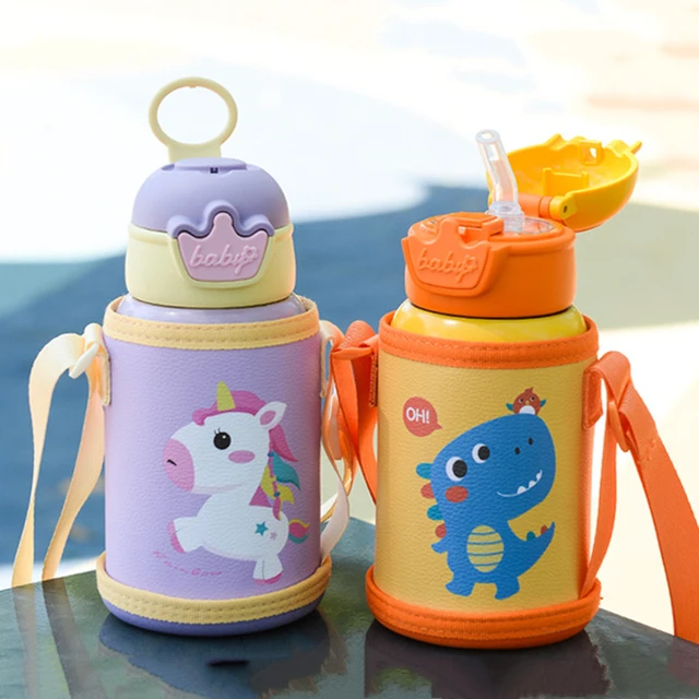 Termo de acero inoxidable con pajita para niños, frasco de vacío de dibujos  animados con bolsa, botella de agua termal bonita, 500ml - AliExpress