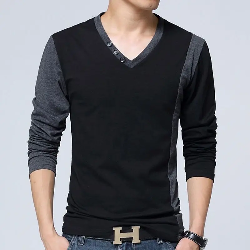 

2023 Spring and Autumn Men's New Pure Cotton Long Sleeve V-Neck Loose Casual Bottom Shirt Colored Comfortable Versatile Top