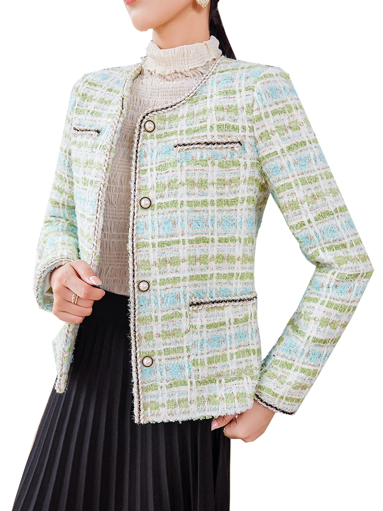 

Fashion Long Sleeve O-Neck Women Blazer Green Beige Black Plaid Jacket Ladies Female Casual Autumn Winter Coat
