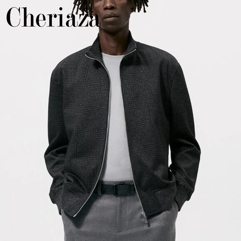 2022Men's Spring Autumn New Dark Grey Plaid Aviator Stand-up collar Jacket Casual Thin Long Sleeve High Quality Zipper Tops | Мужская