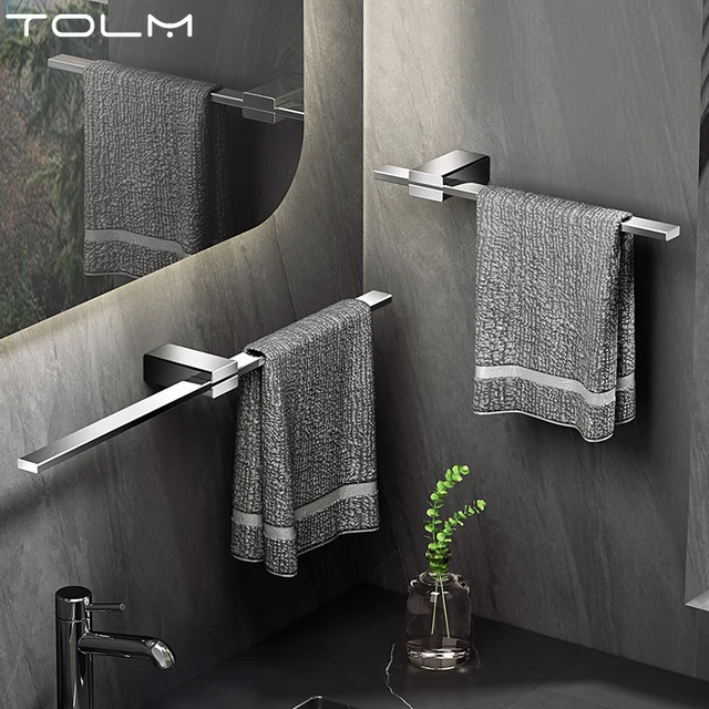 TOLM สีดําห้องน้ําแขวนชั้นวางผ้าขนหนูแบบไม่มีรูพรุน, เรียบง่ายและสร้างสรรค์, ราวแขวนผ้าแบบยืดได้, ราวแขวนผ้าสแตนเลส 1