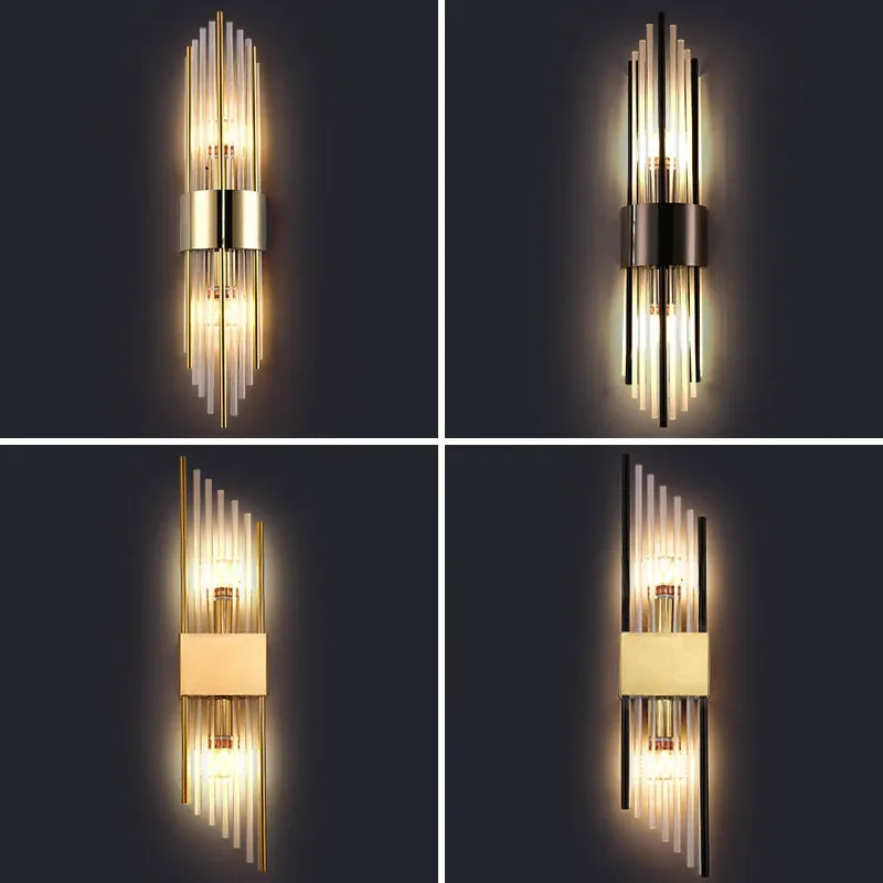 

Clear Crystal LED Wall Lamp E14 Bulb Stainless Steel Wall Lights For Foyer Bedroom Aisle Dining Room Gold Black Sconces