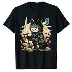 Japanese Samurai Cat Tattoo, Kawaii Ninja-Cat T-Shirt Funny Cartoon Anime Kitty Graphic Tee Short Sleeve Summer Fashion Tops