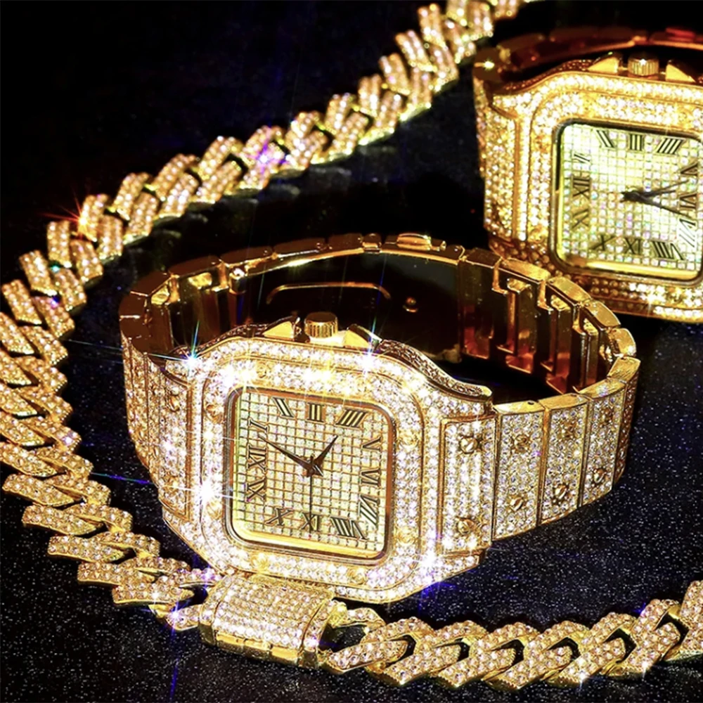 3pcs Men's Watch Set Hip-hop Punk Inlay Diamond Square Watch+Cuban Chain+Bracelet Comes With Strap Adjuster Stylish Jewelry Gift 4