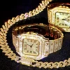 3pcs Men's Watch Set Hip-hop Punk Inlay Diamond Square Watch+Cuban Chain+Bracelet Comes With Strap Adjuster Stylish Jewelry Gift 4