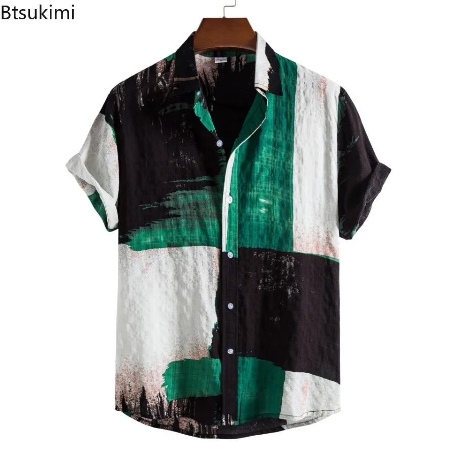 2024 Men's Linen Shirt New Hawaiian Casual Cardigan Colorblock Tops Fashion Print Short Sleeve Beach Blouse Summer Male Camicias