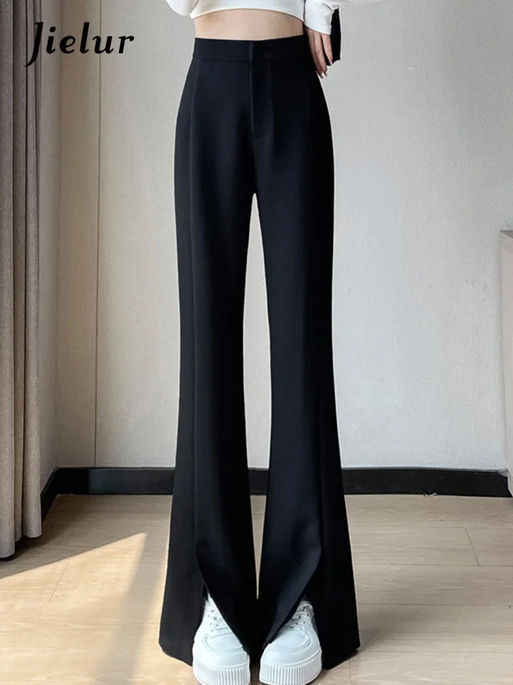 Jielur Split Black Slim Fake Pockets Flare Pants Chic Office Ladies High Waist Casual Fashion Female Streetwear Trousers Apricot woman belts for round wooden buckle designer waist strap ladies black white stripe boho punk fake straw plastic belt bl594