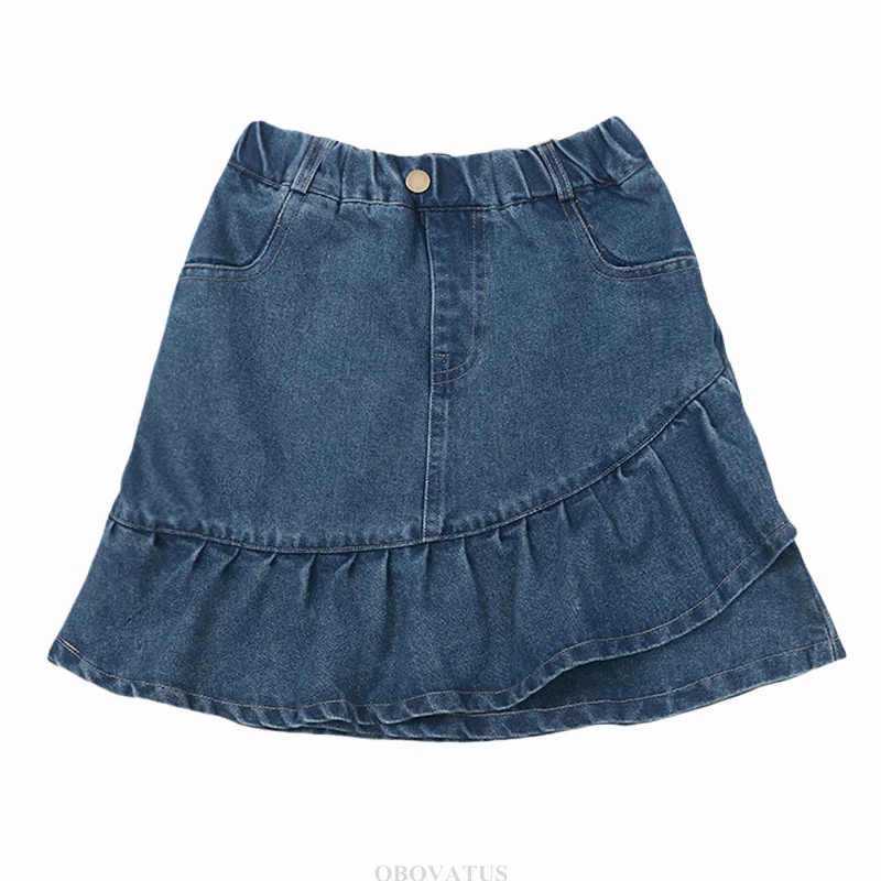 Kids Denim Skirt Teen Girls Asymmetrical Ruffles Scalloped Mini