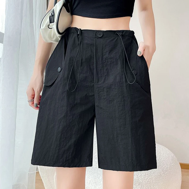 Summer Women Casual Streetwear Quick Drying Drawstring Ice Silk Thin Short Pants Y2K Female Solid High Waist Loose Beach Shorts