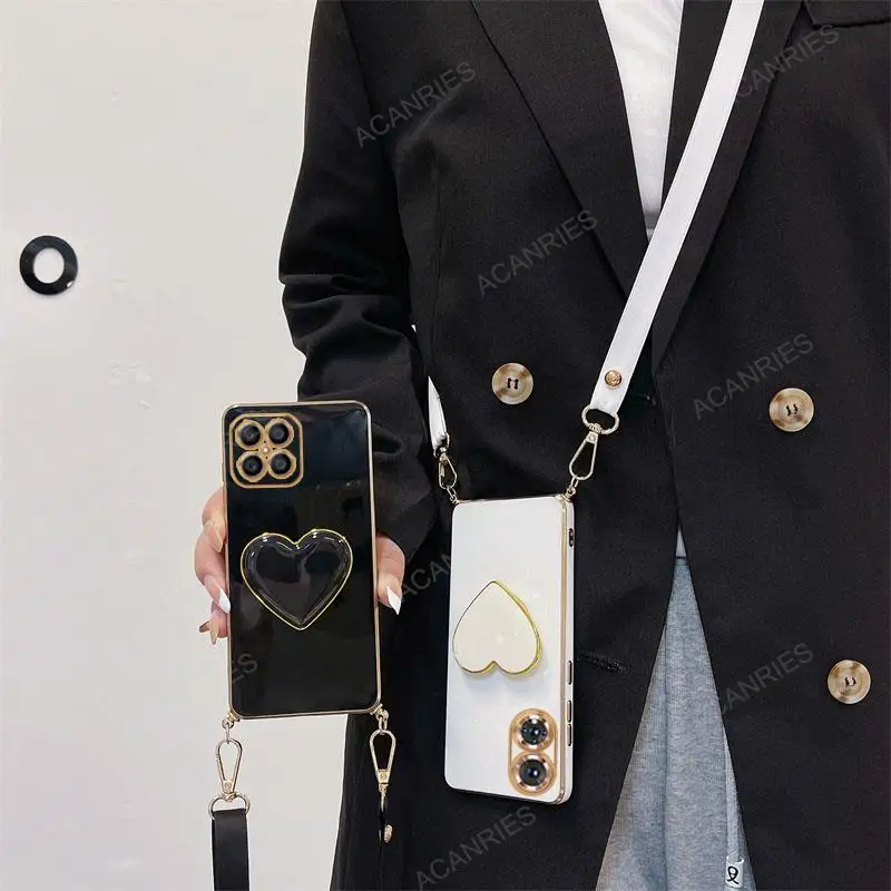 Elegant Love Heart Holder Crossbody Lanyard Case in Plating Finish