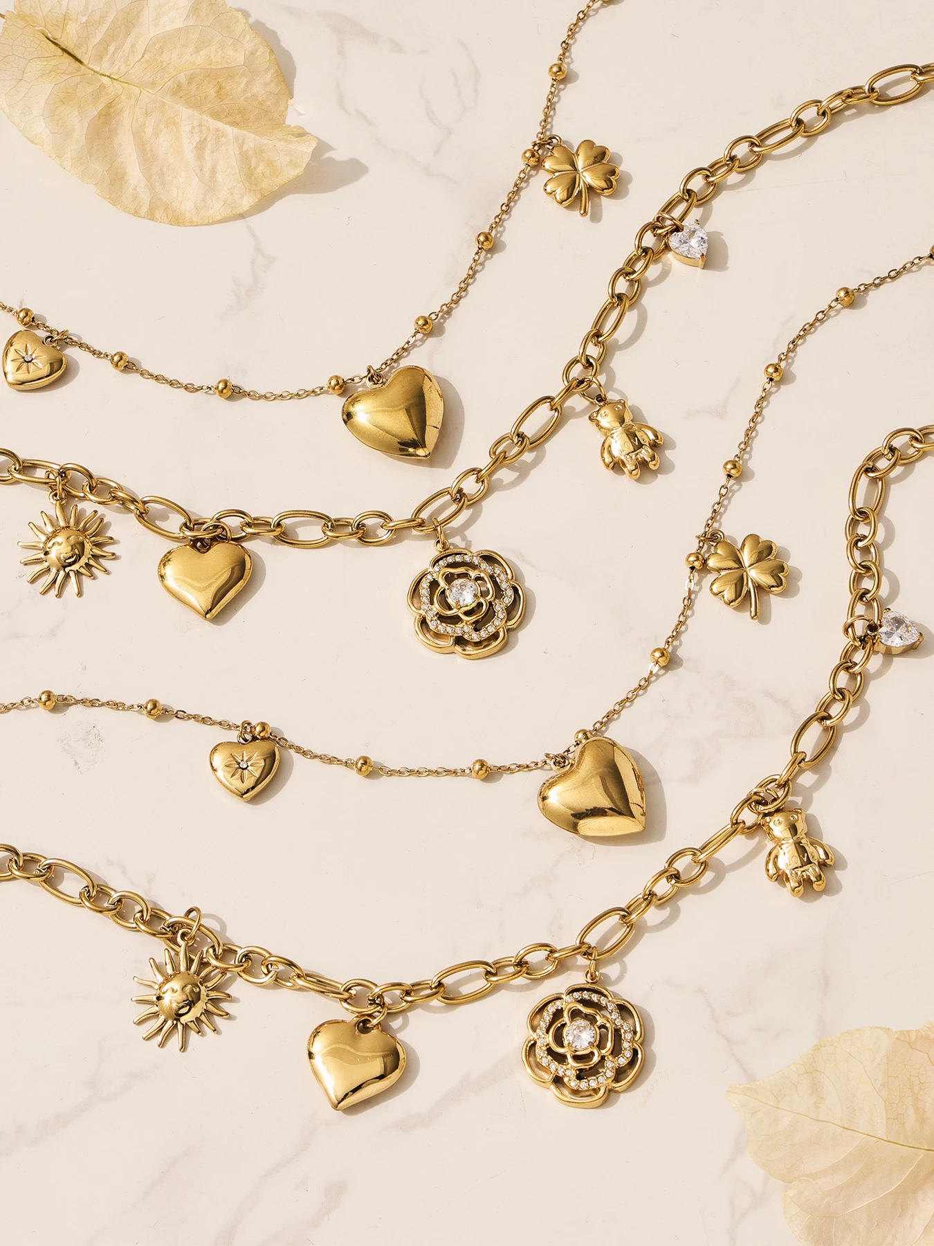 Trendige Blumen-Herz-Halskette mit Zirkonia-Anhänger für Damen, Doppelgliederkette aus Edelstahl, modischer Schmuck, Geschenkidee – Detail 10