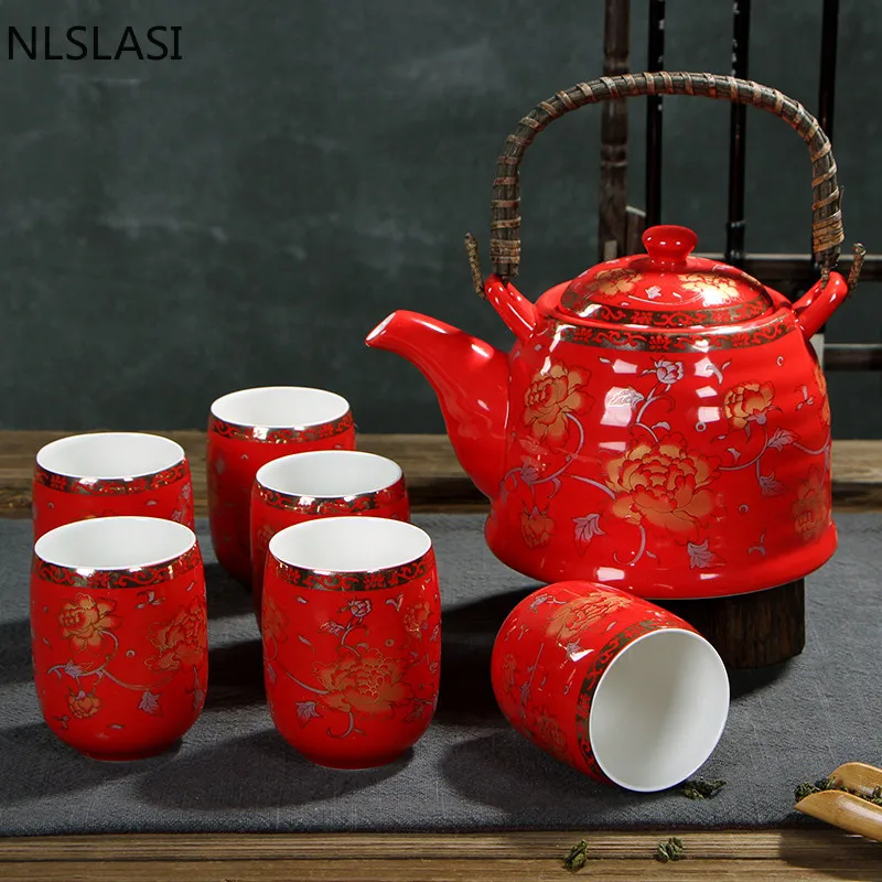 

Chinese traditional wedding ceramic tea set Double anti-hot tea cup Double happiness teapot Household drinking utensils NLSLASI