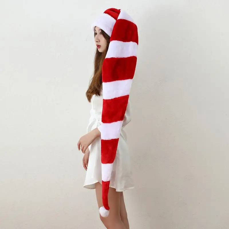 51in Plush Novelty Long-tail Santa Hat Striped Christmas Hat for Boy Girl Party F0T6