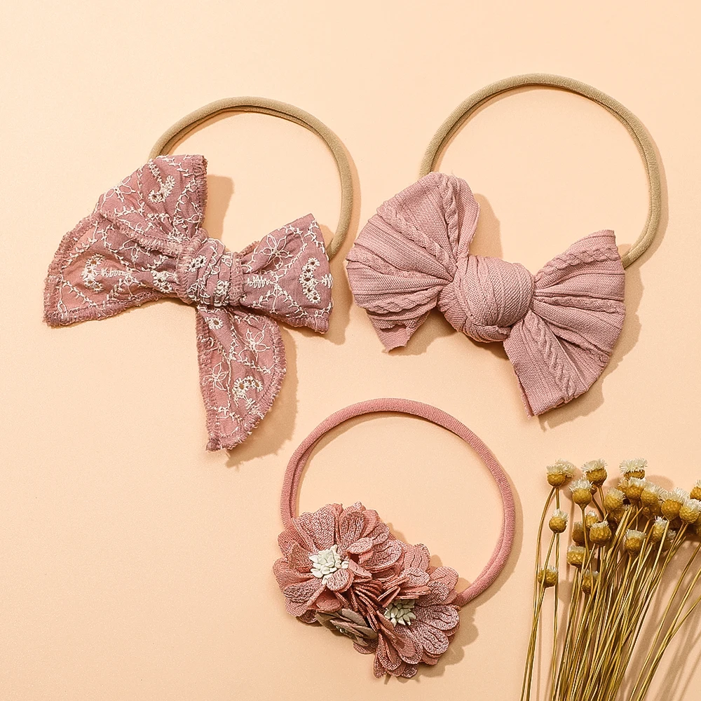 3PC/lot Baby Fable Bow Kids Girls Nylon Headband Lace Embroidered Hair Bow Headband Children Headwear Flower Hair Accessories new braid nylon headbands for children twisted top cross knot headwraps elastic hairbands baby turban hair accessories for girls