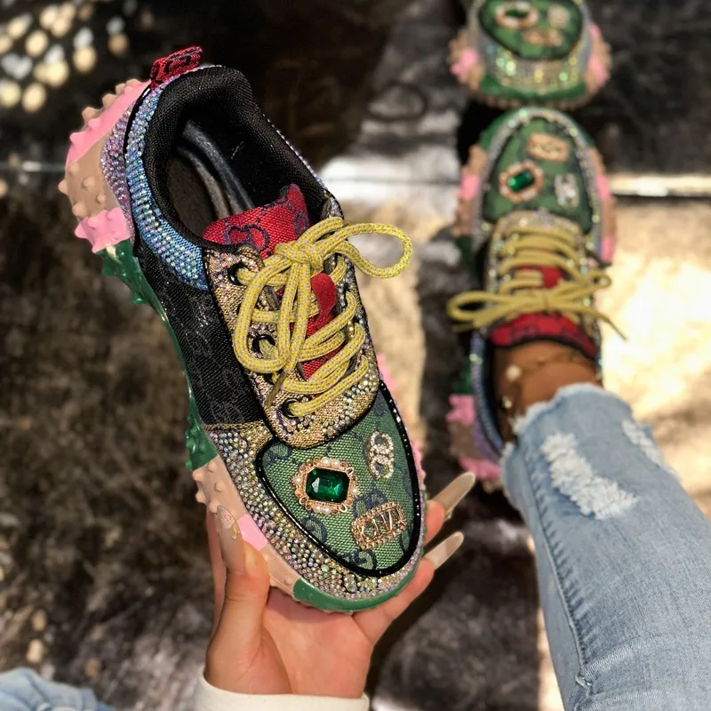 Fashion Casual Shoes Rhinestone Shoes Women Luxury Sneakser Diamond Breathable  Designers Casual Platform Non Slip Running Shoes