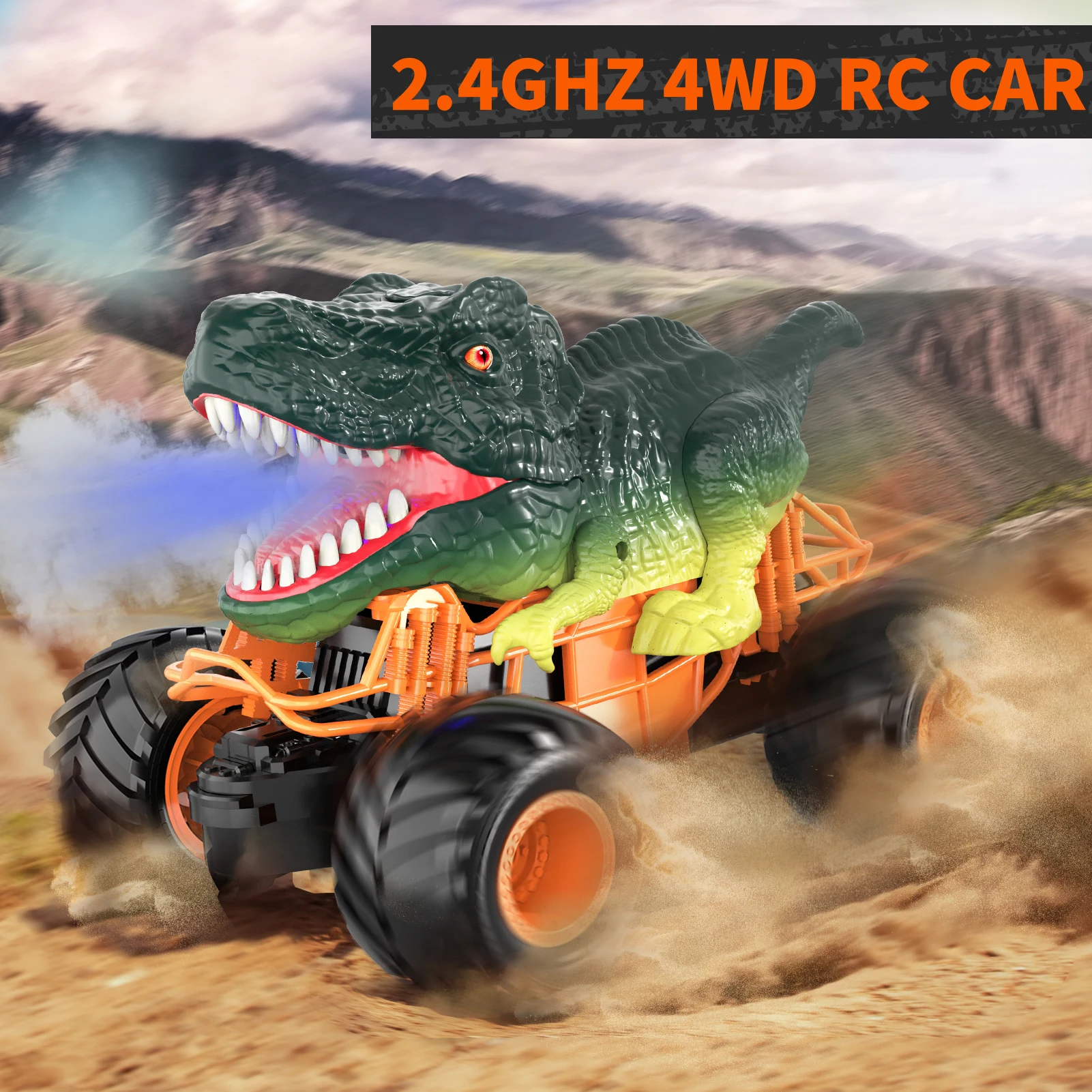 Remote Control Dinosaur Car, 2.4Ghz RC Truck for Toddlers, Electric Hobby RC Car Toys with Light & Sound Spray Birthday Gift for 6