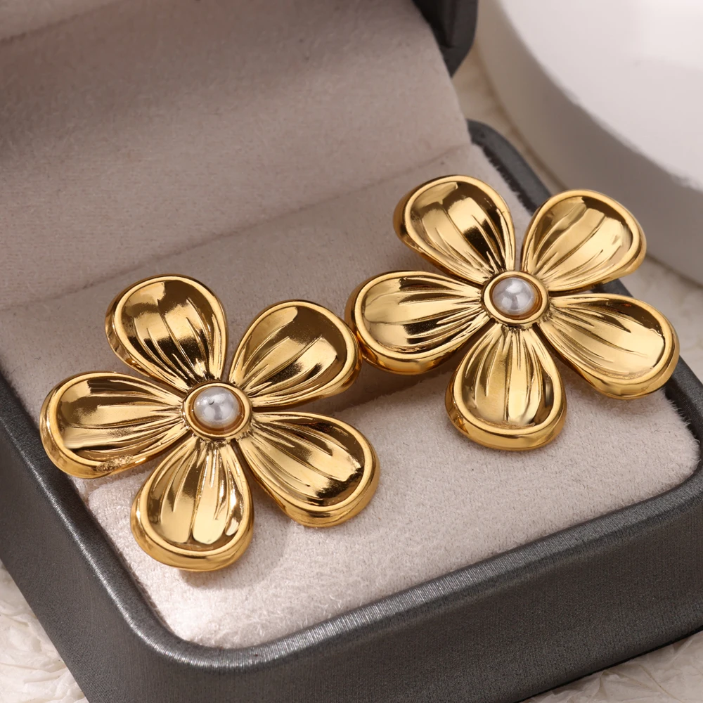 Fashion Pearl Flower Earrings Gold Stainless Steel Geometric