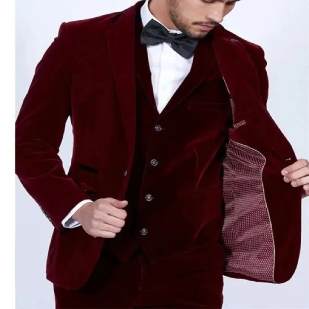 

Burgundy Velvet Men Suits Slim Fit 3 Piece Blazer Tailor Made Wine Red Groom Prom Party Tuxedo Jacket+Pants+Vest