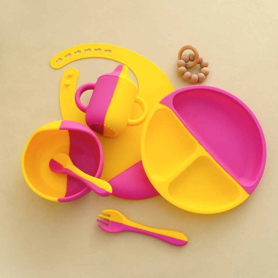 6PCS Silicone Baby Tableware Contrasting Colors Dishes Adjustable Bib Suction Bowl Portable Spoon Fork Leakproof Baby Cup 2