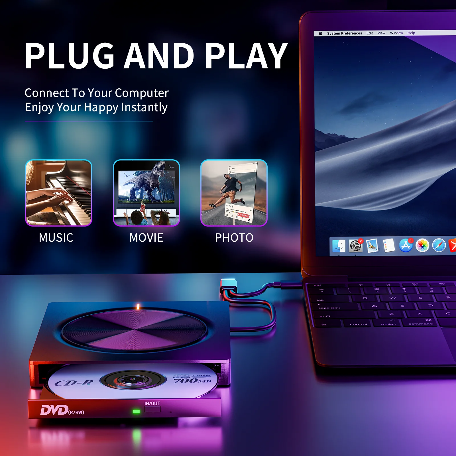 8 in 1 Portable External CD/DVD Player Reader Writer ROM ,CD Burner Disk Drive for Laptop Desktop Compatible Mac,Win 11/10/8/7