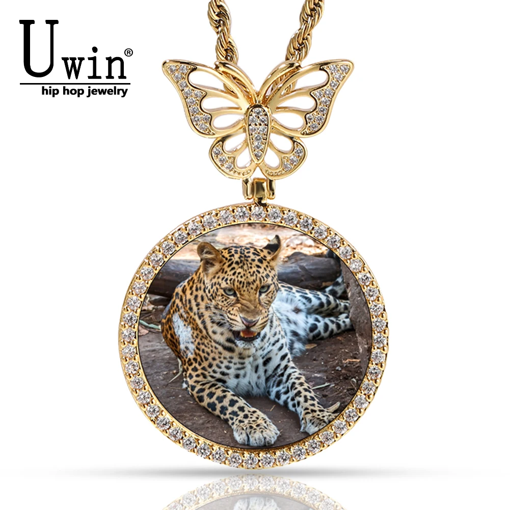 Uwin Custom Butterfly Clasp Pendant Photo Memory Necklace Round Photo Medallions Fashion Charm Jewelry Gifts For Christmas Gift personalized photo projection necklace s925 silver photo custom jewelry cute deer necklace for women gifts for wife