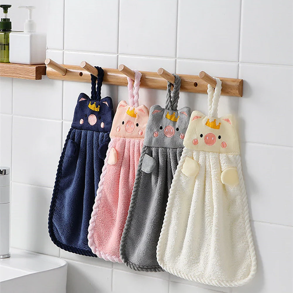 

2023 Hot Hangable Kitchen Towel Household Soft Bathroom Coral Velvet Towel Korean Style Hand Towel Cartoon Style Kitchen Towels