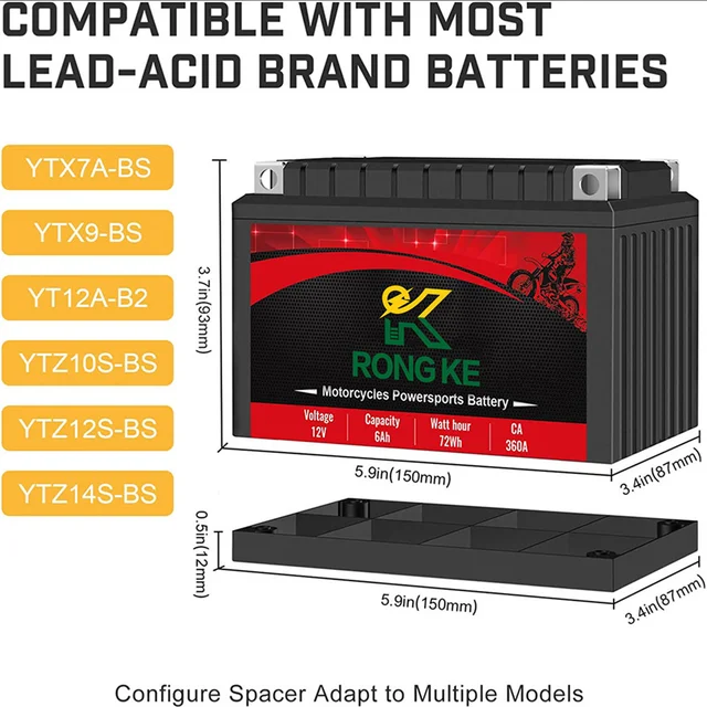 Batería de litio de 12V 6Ah 360CA con protección contra sobrecarga y  sobrecarga Smart BMS, YTX7A/YTX9/YTX12-BS/YTZ14S-BS/YTX12-BS, compatible  con ATV