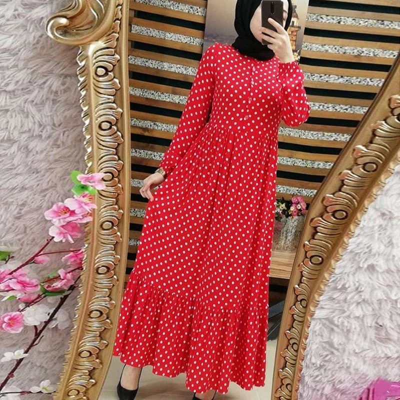 WEPBEL Women Abaya Vintage Muslim Dress Dot Print Casual Full Sleeve New Fashion Summer O Neck Ruffles Arabic Dresses