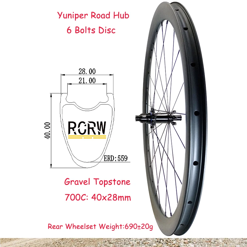 

700C Gravel Road 40X28mm Rear Wheelset Carbon Rim Tubeless 28 Wide 40 Deep Yuniper 6 Bolt Disc Ceramic Bearing Hub Shi HG XD XDR