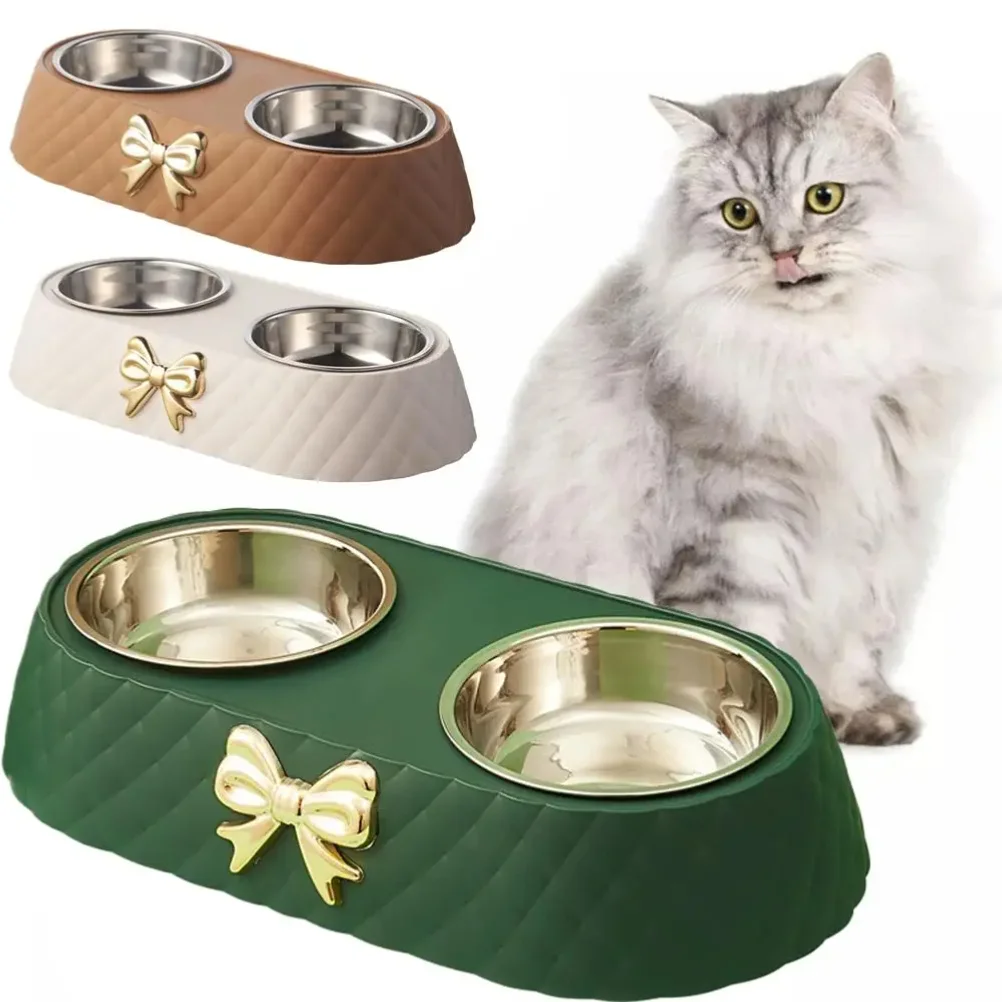 1Set Steel Double Dog Bowl Non-slip Bow Anti Spill Pet Bowl Sturdy Rust-resistant Pet Basin Feeder 4